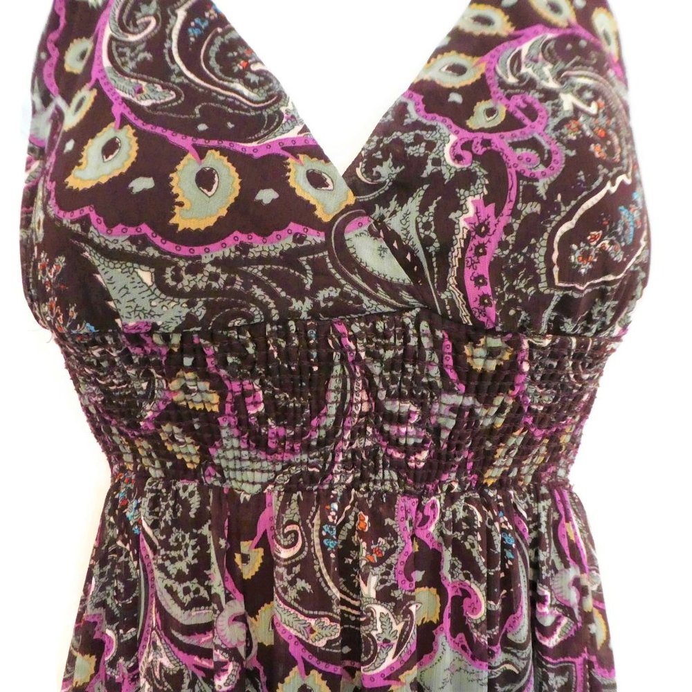 Xhilaration Dress Halter Maxi Purple Paisley Lined Smocked Waist Ruffle Hem M